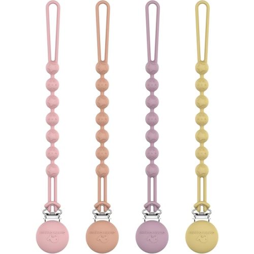 Cuddle Campus Silicone Pacifier Clip Holder with One Piece Design, Pack of 4 Soft Flexible Binky Clips with Texture for Baby Boy and Girl (Set 1, 4 Pack 0-6m Round)
