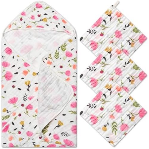 4Pcs Muslin Baby Hooded Towel & Washcloth Set Spring Pink Flowers Pattern Soft Absorbent Cotton Bath Hood Towels for Newborn Toddlers Essentials Boys Girls Infant Shower Gift 31.5 x 31.5 in