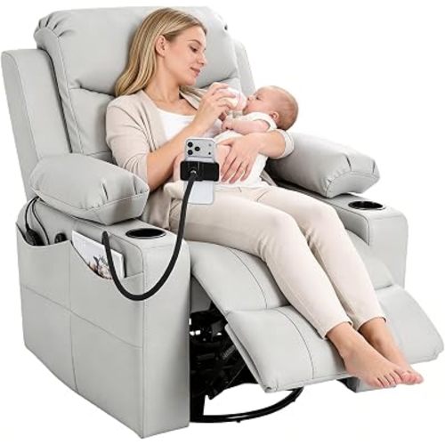 Electric Nursery Recliner Chair, Triple Motor Power Glider, 270° Swivel Rocking Chair with Adjustable Armrests, 8-Point Massage & Lumbar Heating, Phone Holder & Storage, Upholstered Nursing Chair