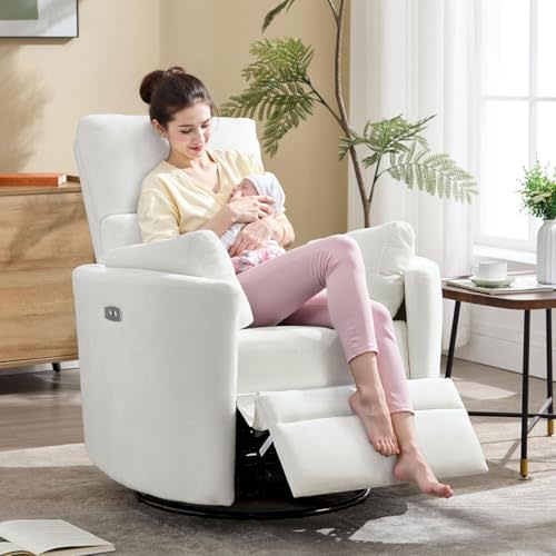 Power Recliner,Nursery Swivel Glider Rocking Chair with USB Port,Upholstered Adult Electric Recliner Rocking Chair with 2 Pillows for Living Room Bedroom(White, Power-Driven)
