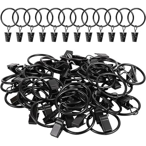 Curtain Rings with Clips, 42 Pack Metal Drapery Rings with Clips Hooks Hangers for Hanging Drapes Bows Hats, Drapes Rings 1.26 in Interior Diameter, Fits Up to 1 in Curtain Rod, Black