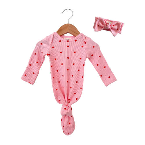 Organic Waffle Knotted Gown & Bow Set, Little Red Heart (on Pink)