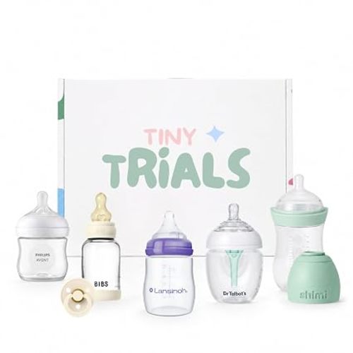 Baby Bottle Trial Pack Variety Box for Newborns – 5 Bottles & 1 Pacifier Featuring Bibs, Lansinoh, Philips Avent, Dr. Talbot's & Shimi – Anti-Colic, Breastfeeding-Friendly Registry Gift, Tiny Trials