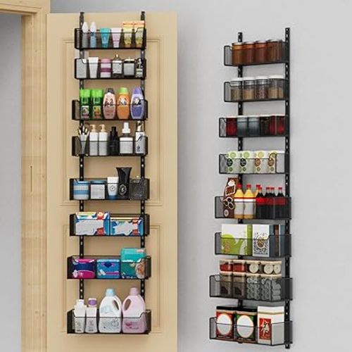 Over The Door Organizer, 8-tier Metal Door Organizer Hanging with Adjustable Baskets, Behind The Door Storage for Bedroom Closet Bathroom Pantry Cabinet Kitchen, Black