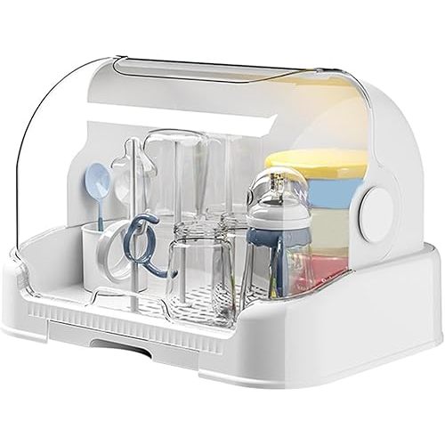 Baby Drying Rack with Lid, Dustproof Baby Storage Box with Removable Drain Tray, Space Saving Baby Rack Dryer - Reusable Rack Holder(White)