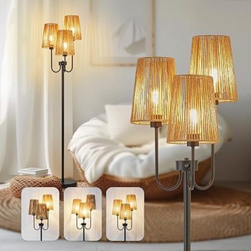 RORIANO Boho Floor Lamp for Living Room, 3-Light Rotary Switch Farmhouse Standing Bedroom Lamp with Rattan Shade, Tall Floor Lamps for Rustic, Coastal, Beach or Bohemian Decor, 3 LED Bulbs Included