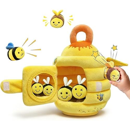 Baby Toys - Soft Beehive with 5 Sensory Bees Crinkle, Rattle, Squeaker, Mirror Portable Sensory Toys Montessori Bee Toy for Toddlers, Boy Girl Birthday Christmas Gift