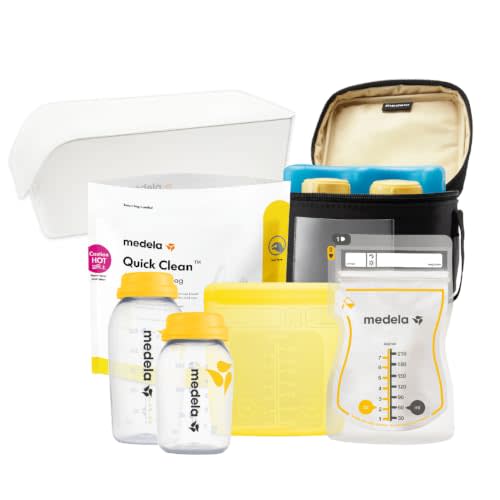 Medela All-in-One Breast Milk Storage Set, Baby Shower and New Mom | Insulated Cooler, Ice Pack, BPA-Free Storage Bottles, Reusable Bag, Easy Pour Bags, Quick Clean Microwave Bag, Organizer Tray