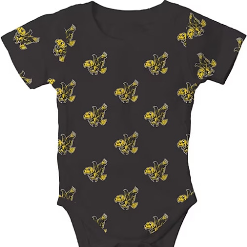 Wes and Willy Iowa Hawkeyes Baby BLACK All Over Print Retro One Piece - 42150943