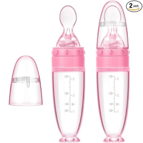 2 Pieces Silicone Baby Spoons Baby Feeding Spoon with Standing Base for Infant 0-24 Months Dispensing and Feeding (Pink)