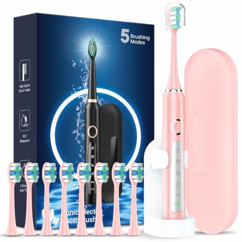 Rtauys M5 Sonic Electric Toothbrush for Adults and Kids - Rechargeable Electric Toothbrush Kids Ages 12+ and Adults with 8 Brush Heads & Travel Case, 120 Days Battery Life - Pink