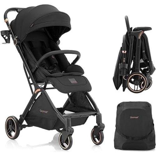 Gravity Folding Baby Stroller - Portable Travel Toddler Stroller w/Adjustable Backrest, Canopy & Cup Holder, Lightweight and UV Protected, One-Hand Automatic Folding - Black