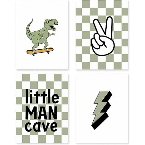 HRQKO Little Man Cave Dinosaur Wall Art Poster Prints Set of 4, Dinosaur Wall Decor,Boy Nursery Artwork Printing Posters Wall Decor, Sage Green Checkered Decor for Playroom Boys Room 12”x16” Unframed