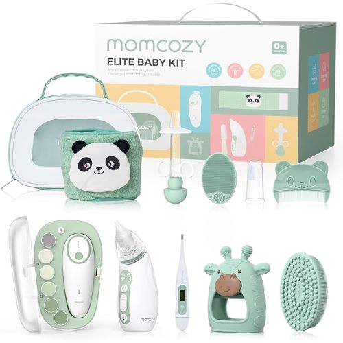 Momcozy Elite Baby Kit, Superior Baby Shower & Registry Essential Kit for Grooming & Health & Cleansing Care, Electric Nail File & Nasal Aspirator,Tummy Wrap,Thermometer,Bath Brush,Teether,Storage Bag