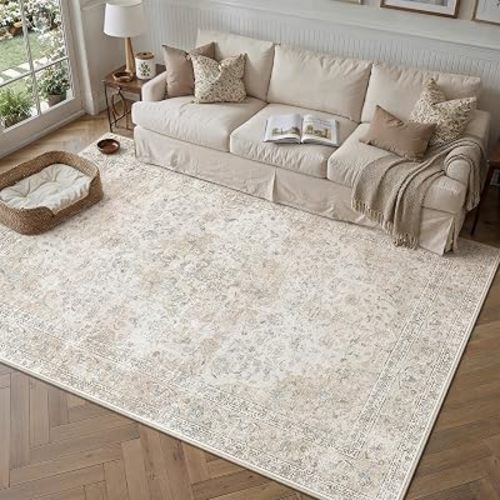 PureCozy Tapis neutre lavable pour salon Motif floral Beige 152 x 213 cm