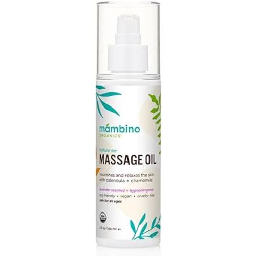 Mambino Organics Massage Baby Oil – Organic, Nourishing with Egyptian Calendula, Chamomile & Lavender – Gentle for After-Bath Relaxing – Cruelty-Free Baby Oils for Baby & Kids, 5 fl oz