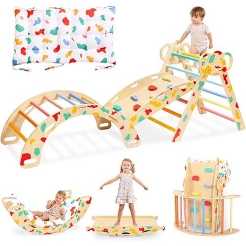 Pikler Triangle Set, Montessori 8-in-1 Climbing Set with Cushion