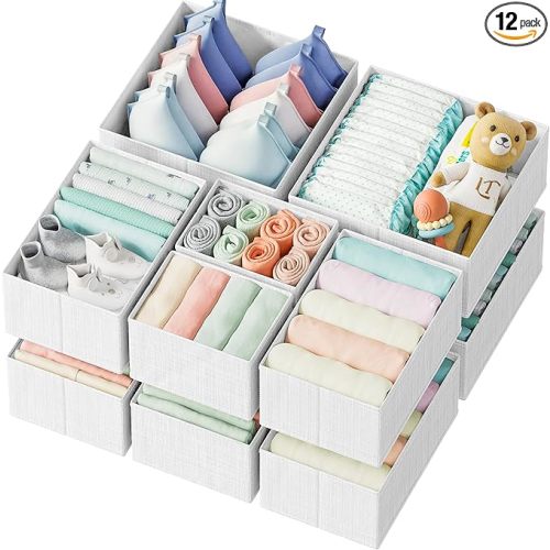Drawer Organizer Clothes Set of 12 White-Grey - Dresser Organizer For Nursery, Bedroom, Closet - Perfect Baby Clothes Organizer and Storage & General Nursery Organization or Dresser Drawer Organizers