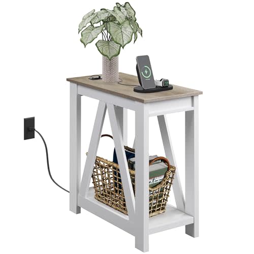 WLIVE Farmhouse End Table, Narrow Side Table with Charging Station, Slim End Table, Side Table for Bedroom, Living Room, Small Spaces, with 2 USB and 2 Power Outlets, 11.8" D x 23.6" W x 23.74" H