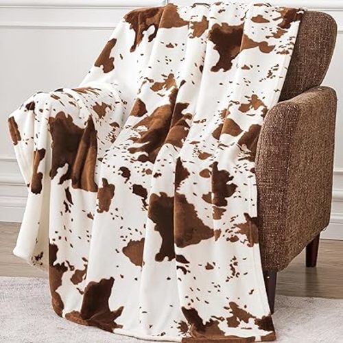 Cow Print Blanket, Ultra Cozy Cow Throw Blanket for Couch Bed and Travel, Cow Print Decor Throw Blankets for All Seasons 50"x60" (Light Brown)