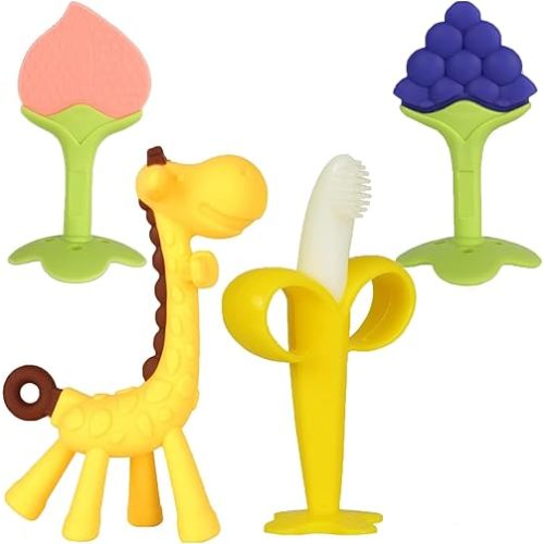 Baby Teething Toys 3-6 Months, Silicone Baby Teether Freezer BPA Free, Babies Teething Relief Sore Gums, Banana Finger Toothbrush, Fruit Shape Giraffe Teether for Infant Boys and Girls