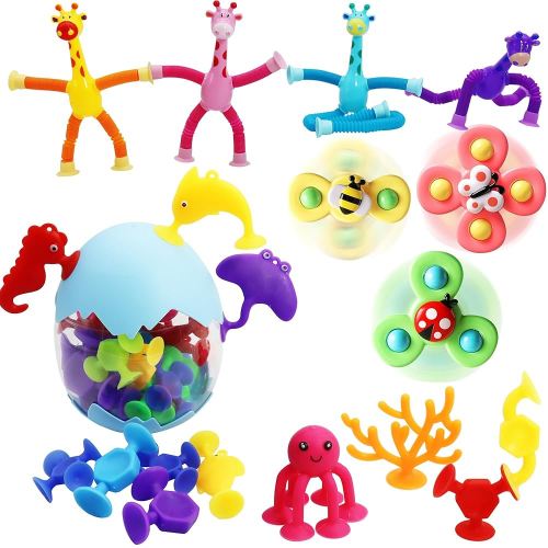 MAYAPHILOS Suction Cup Baby Bathtub Toys with Pop Tubes Sensory Toy No Hole Bath Toys Spinner Toys for Babies Travel Window Building Toys for 3 4 5 6 Year Old Boys Girls Gifts