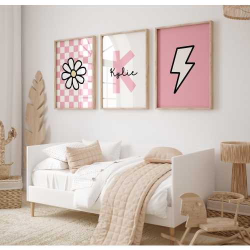 Set Of 3 Personalized Pink Checkered Nursery Art Set, Retro Daisy Printable Artwork