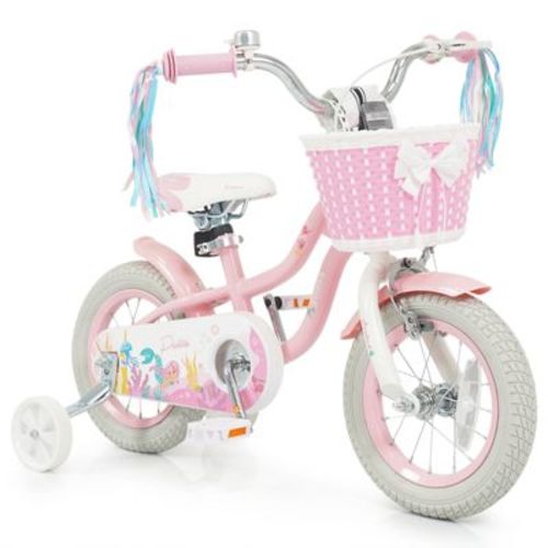 Costway 12" Kids Bike with Training Wheels Hand Coaster Brakes Adjustable Seat Handlebar Pink