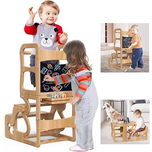 Toddler Standing Tower, Kid Step Stool Kitchen Stool Helper-Montessori with Chalkboard,3 in1 Folding Kitchen Tower Stool with Back, Learning Wooden Tower for Kitchen, Free Hands, Easy Assembly