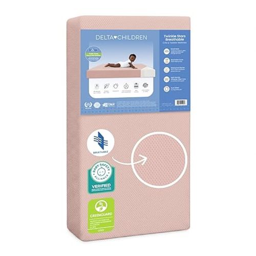Delta Children Twinkle Stars Crib and Toddler Mattress with Breathable, Removable Machine-Washable Cover - GREENGUARD Gold - Waterproof Baby Bed - Sustainably Sourced Fiber Core - 52”Lx27.5”W, White