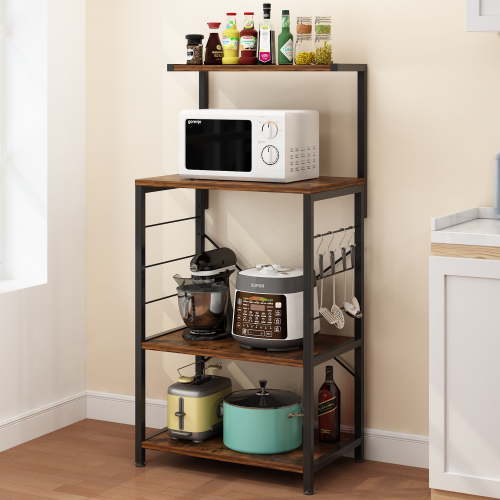 Ktaxon 4-Tier Baker's Rack Microwave Oven Stand with Wood Panel, Kitchen Utility Cart Storage Shelves Organizer for Dining Room Coffee Bar, Brown & Black