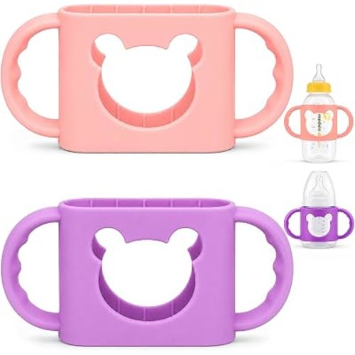 Silicone Bottle Handles for Wide-Neck Glass & Plastic Bottles, Transitional Sippy Cup Grip for Independent Drinking, Heat-Resistant, Latex-Free, Pink & Purple, 2-Pack