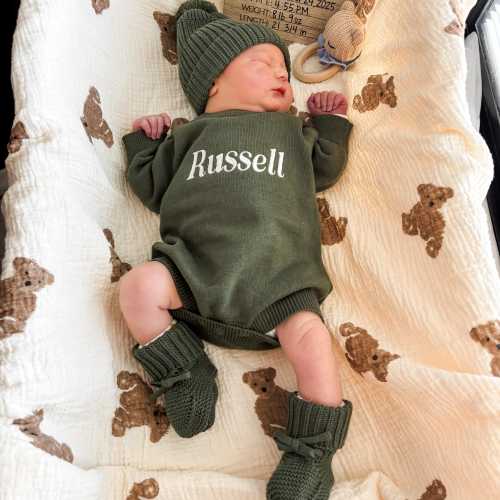 Embroidered Newborn Name Romper, Cotton Sweater Hat and Bootie Set, Baby Boy Hospital Outfit, Baby Name Announcement Outfit