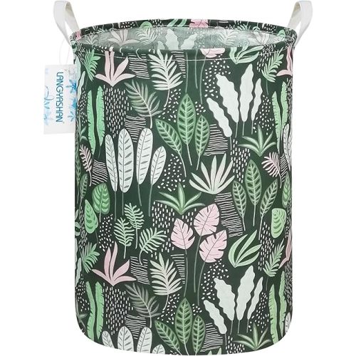 LANGYASHAN Laundry Basket Canvas Fabric Collapsible Organizer Basket for Storage Bin Toy Bins Gift Baskets Bedroom Clothes Children Nursery Hamper (Round Leaf)