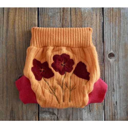 Upcycled Cashmere Diaper Cover Soaker Cover Orange/ Pink With Poppies Applique SMALL (3-6 Months)