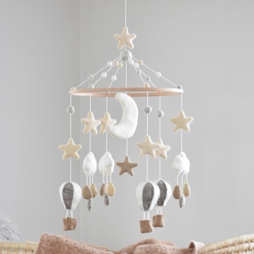 Neutral Hot Air Balloon and Cloud Nursery Mobile | Handcrafted Design - Tik Tak Design Co.