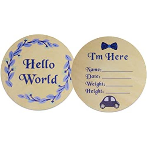 For Baby Boy, Hello World - Wood Newborn Baby Birth Announcement Sign, Round (Baby Boy)