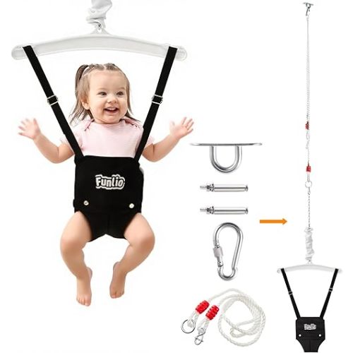 FUNLIO Baby Jumper with a Ceiling Hook for 6-24 Months, Infant Jumper Doorway with Adjustable Chain, Baby Door Jumper for Indoor/Outdoor Play, Easy to Assemble & Store (with a Ceiling Hook) - Black