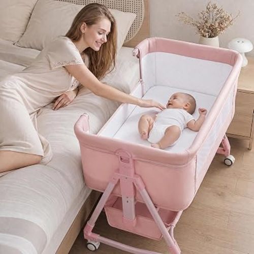 Uuoeebb Baby Bassinet, 3 in 1 Bedside Bassinets for Baby, 6 Height Adjustable Bassinet Bedside Sleeper with Mattress, Breathable Mesh, Lockable Univesal Wheels, Storage Basket, Easy to Assemble（Pink）