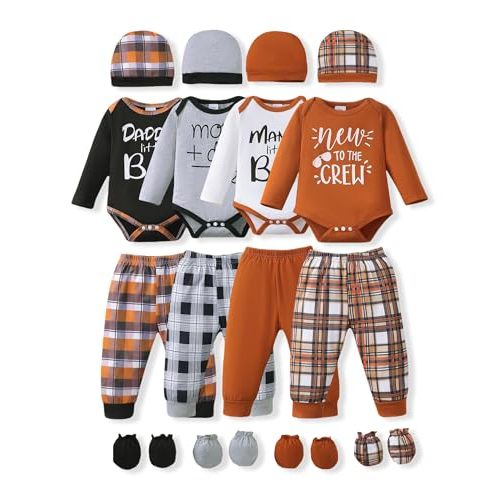 NZRVAWS Newborn Baby Boy Girl Clothes Unisex Infant Romper Pants Set Hat 4-Pack Outfits 0-12 Months 16 Pieces Toddler