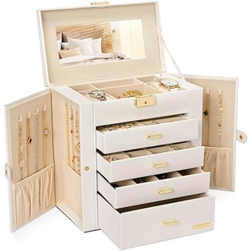 Homde Synthetic Leather Huge Jewelry Box Mirrored Watch Organizer Necklace Ring Earring Storage Lockable Gift Case (White + Gold)