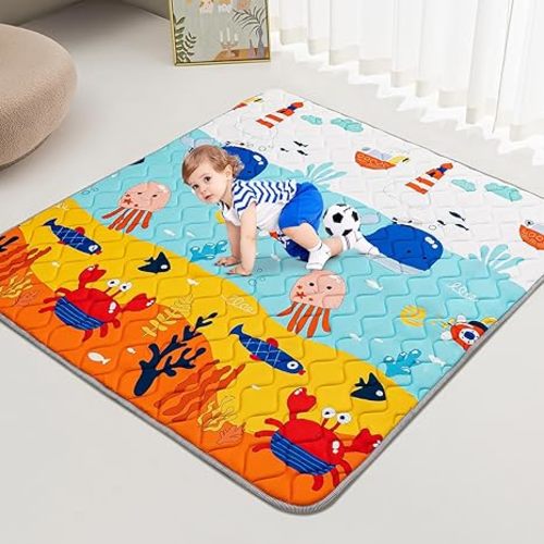 Baby Play Mat - Thicken 50x50 Inch Soft Foam Crawling Mat for Playpen & Floor, Non-Slip Waterproof Playmats for Infants & Toddlers, Portable Foldable & Machine Washable, Ocean World