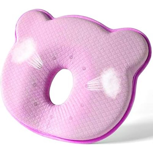 Memory Foam Baby Travel Pillow,Portable Cute Cartoon Bear Soft and Cozy Pillow, Breathable Bedding Set for Infants for Small Boys and Girls Prevent Flat Head Pink