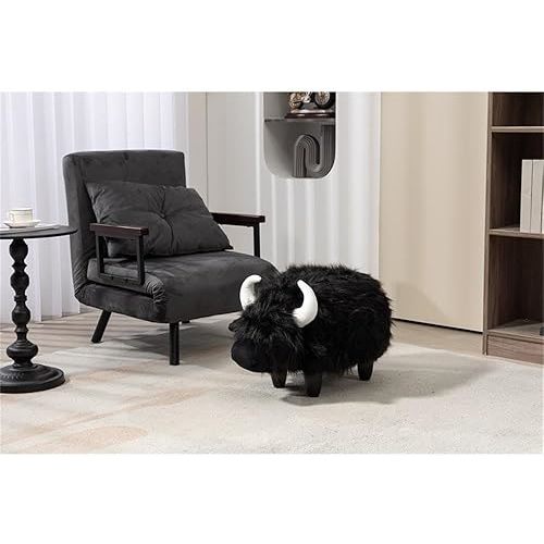 Pemberly Row Harry The Cow Storage Ottoman with Long Black Fur Wood Frame