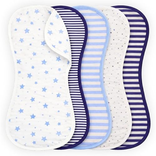 Tom Tom's Kids + Baby Organic Baby Burp Cloths 5 Pack - GOTS Certified Organic Cotton, Contoured Figure-8 Design, Extra Absorbent, 22x11 in, Newborn Burp Rags for Baby Boys, Navy and French Blue