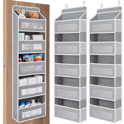 JARLINK 2 Pack Over the Door Organizer Storage, 5 Shelf Hanging Door Organizer with 5 Large Capacity Pockets, Anti Tilt 44 lb Load Behind Door Storage for Bedroom, Bathroom, Pantry, Nursery, (Grey)