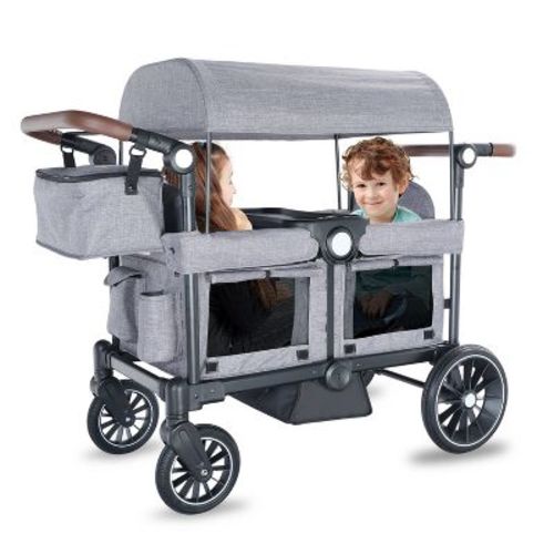 Kinder King Folding Wagon Stroller for 2 Kids, Adjustable Handle, All-Terrain Shock-Absorbing Wheel, Detachable Tray, Diaper Bag, Grey