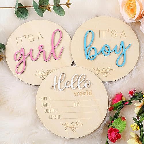3 Pcs Gender Reveal Sign for Baby Birth Its a Boy Its a Girl Wooden Announcement Sign for Hospital Newborn Welcome Board for New Boys and Girls He or She Photography Prop Gender Reveal Decor (Color)