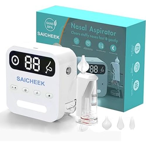 saicheek Electric Nasal Aspirator with Storage Box, 70Kpa Electric Nose Suction Nose Sucker for Baby,3 Silicone Tips,9 Suction Levels,Light Function,Anti-Reflux Design,BC-026