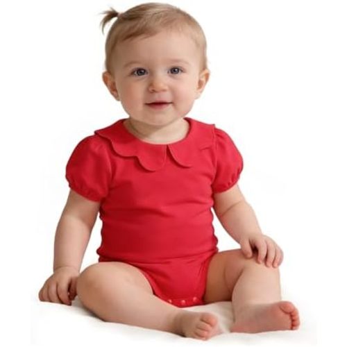 LYSMuch 0-24Mo Baby Girls Peter Pan Collar Bodysuit Toddler Ruffle Romper Short Sleeve Solid Color Clothes